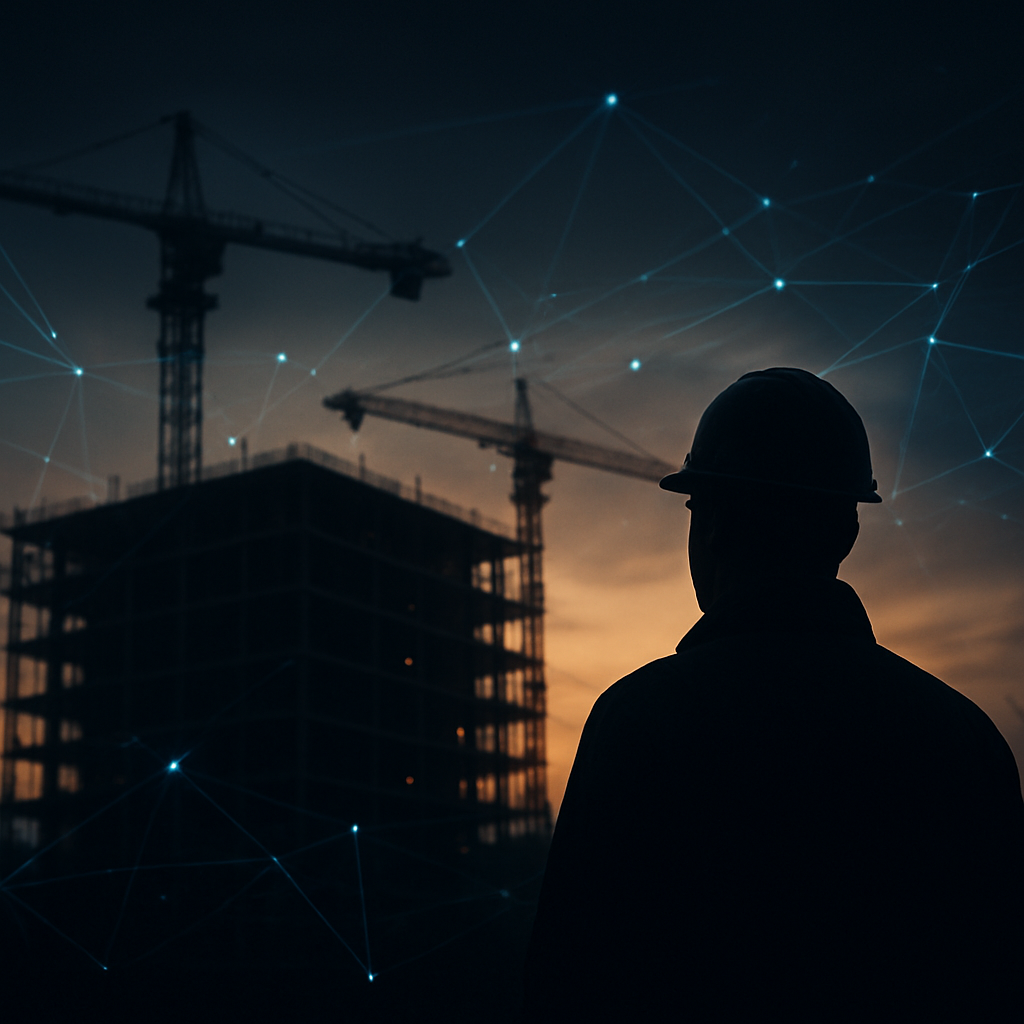 Construction site at dusk overlaid with a glowing digital network