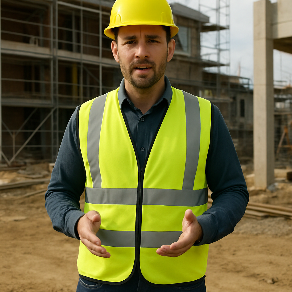 Construction safety trainer presenting a short vertical learning clip on site